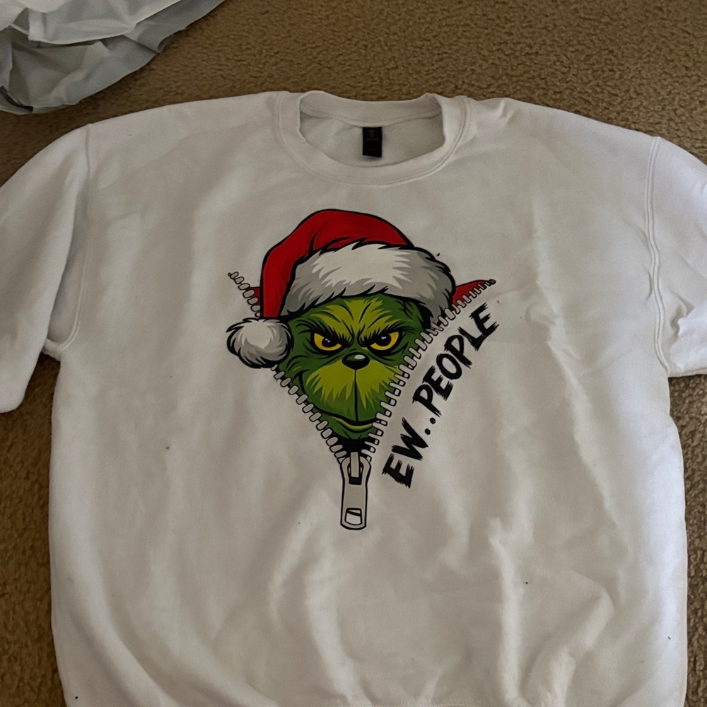 Gildan White Crew Neck Sweater with Grinch Design